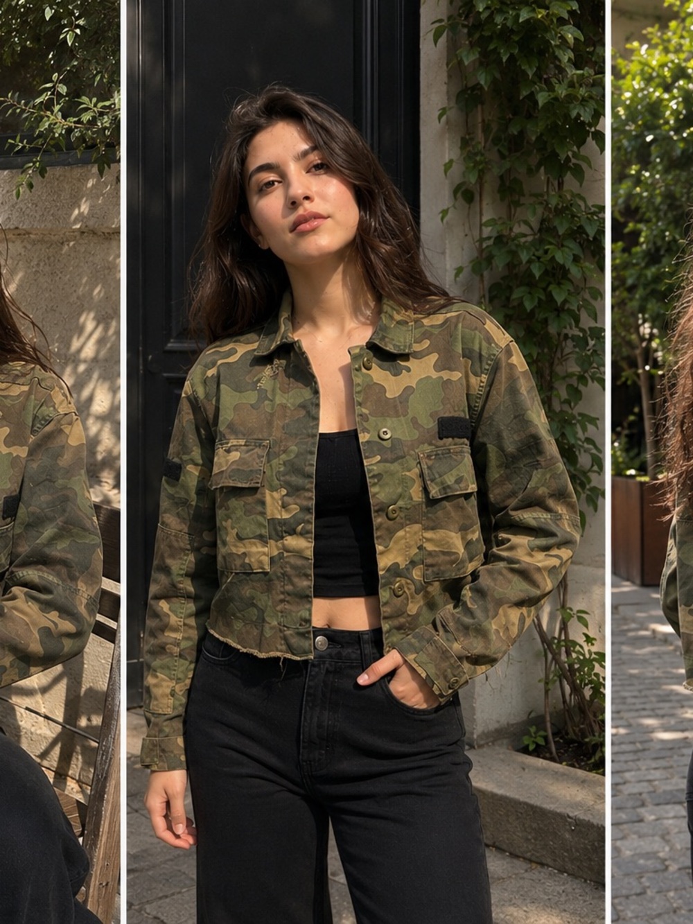 Bershka Cropped Camouflage Utility Jacket - Green & Brown